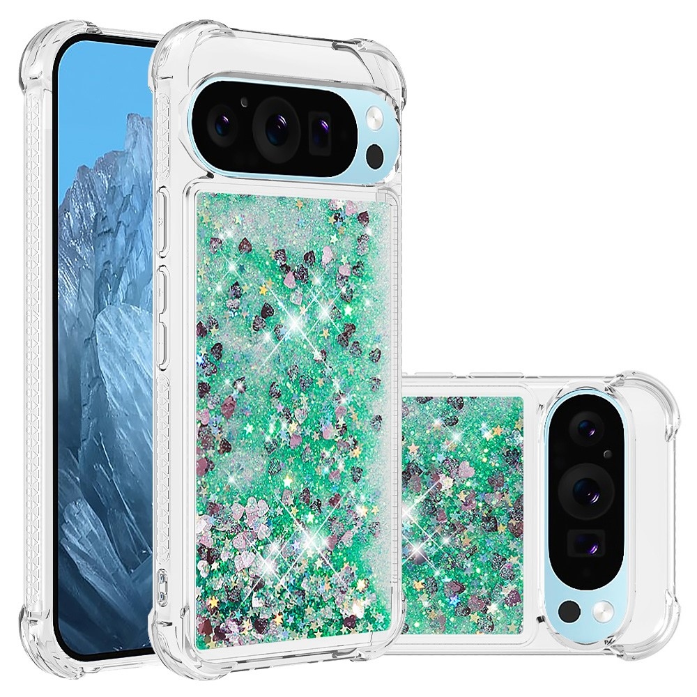Glitter přesýpací gelový obal na Google Pixel 10 Pro/Pixel 10 - zelený/srdíčka