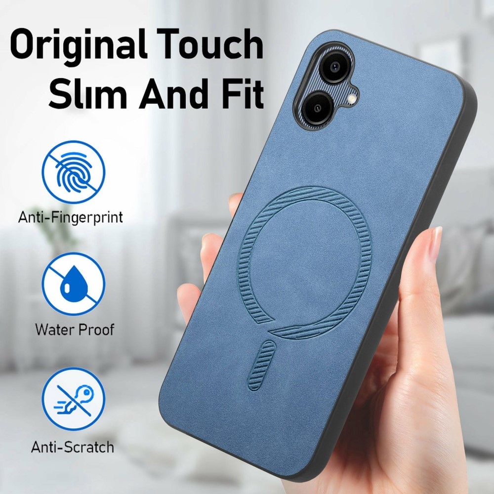 Skiny gelový obal s umělou kůží a podporou MagSafe na Samsung Galaxy A06 4G - modrý