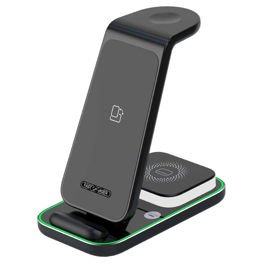 YF-A6 bezdrátová nabíjecí stanice 3v1 15W s nočním světlem - černá