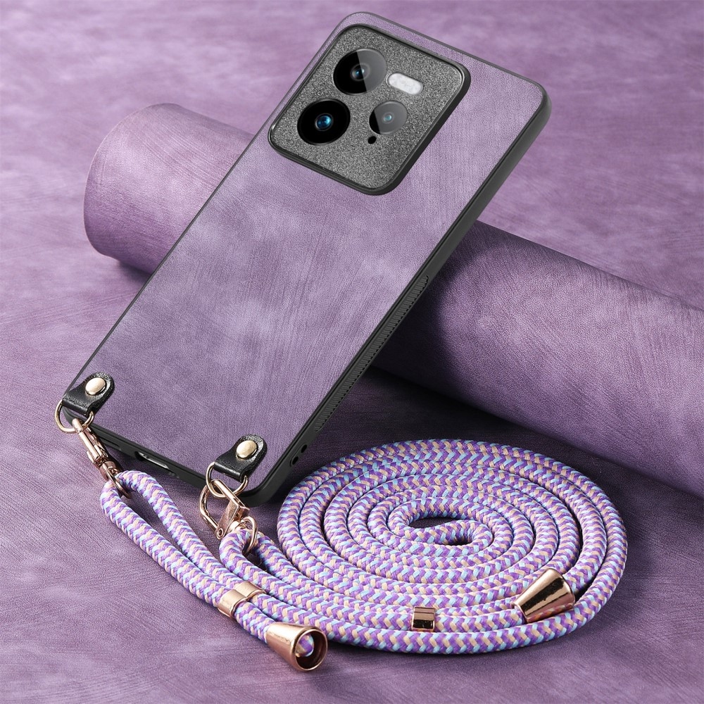 Retro gelový obal se šňůrkou a s umělou kůží na Realme GT 7 Pro 5G - fialový