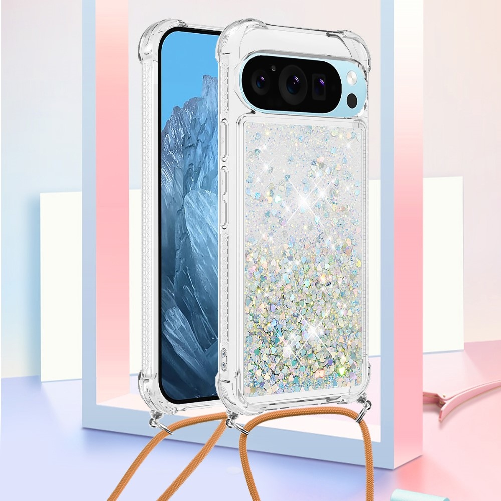 Glitters přesýpací gelový obal se šňůrkou na Google Pixel 10 Pro/Pixel 10 - stříbrný/srdíčka