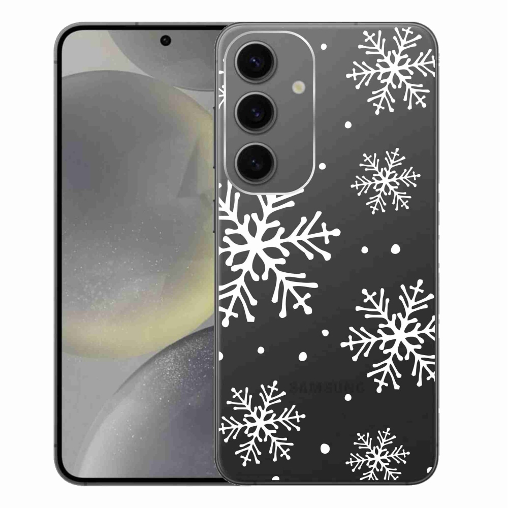 Gelový kryt mmCase na Samsung Galaxy S24+ - bílé vločky na průhledném pozadí