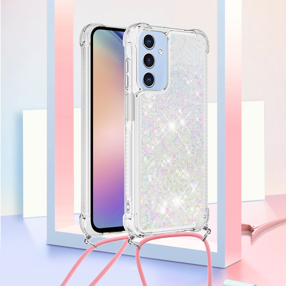 Glitters přesýpací gelový obal se šňůrkou na Samsung Galaxy A17 5G - růžovostříbrný/srdíčka