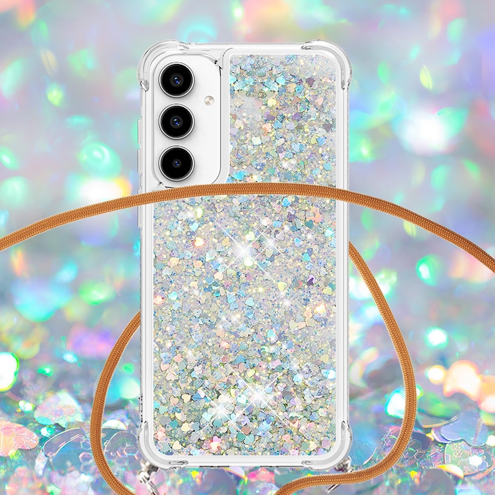Glitters přesýpací gelový obal se šňůrkou na Samsung Galaxy A36 5G - stříbrný/srdíčka