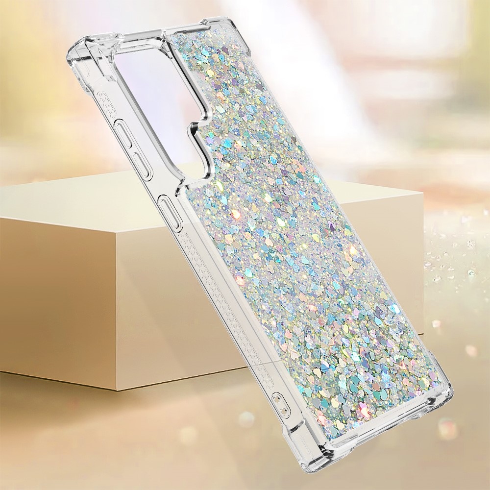 Glitter přesýpací gelový obal na Samsung Galaxy S24 Ultra - stříbrný/srdíčka