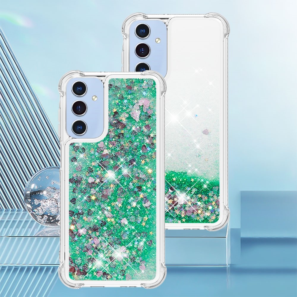 Glitter přesýpací gelový obal na Samsung Galaxy A26 5G - zelený/srdíčka