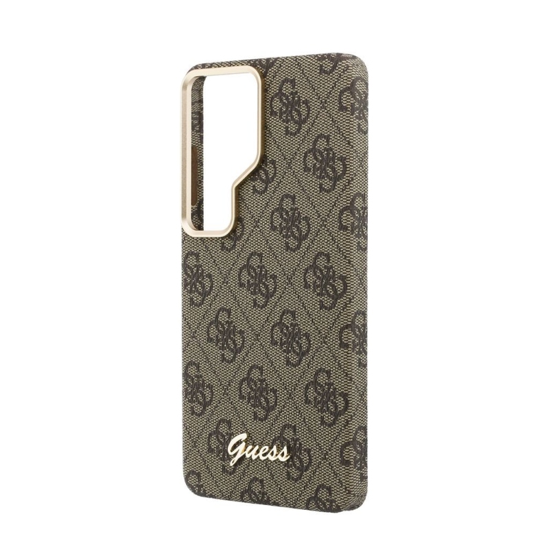 Guess PU 4G Script Metal Logo Magnetic Zadní Kryt pro Samsung Galaxy S26 Ultra Brown