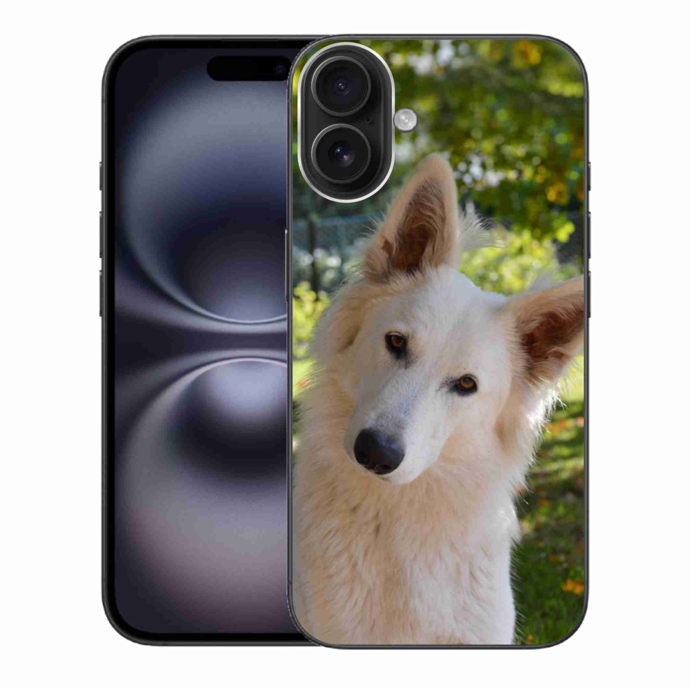 Gelový kryt mmCase na iPhone 16 Plus - bílý švýcarský ovčák 1
