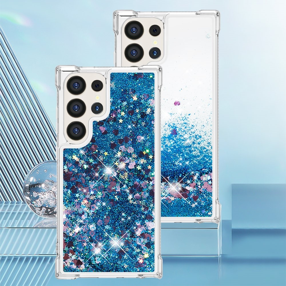 Glitter přesýpací gelový obal na Samsung Galaxy S24 Ultra - modrý/srdíčka