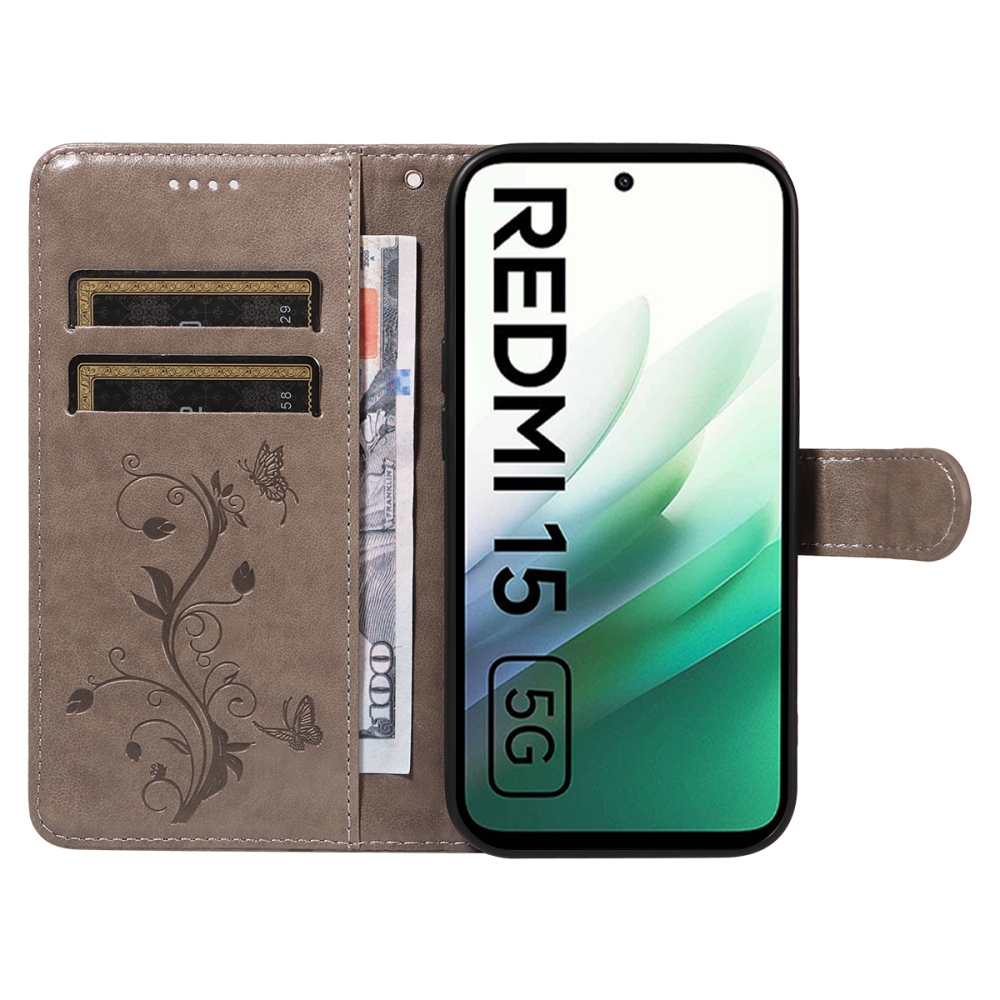 Flowery knížkové pouzdro na Xiaomi Redmi 15 4G (171mm) - šedé