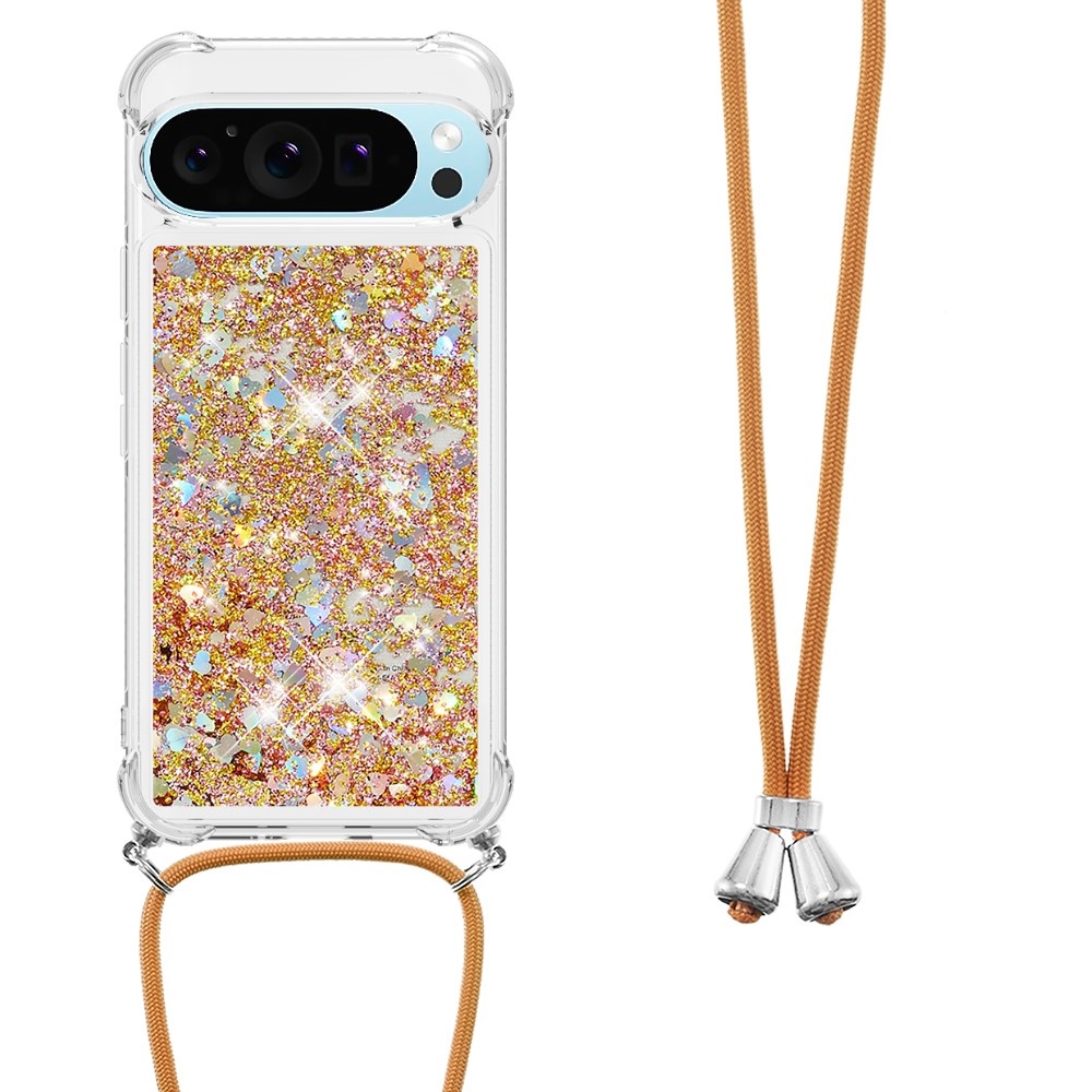 Glitters přesýpací gelový obal se šňůrkou na Google Pixel 10 Pro/Pixel 10 - zlatý/srdíčka