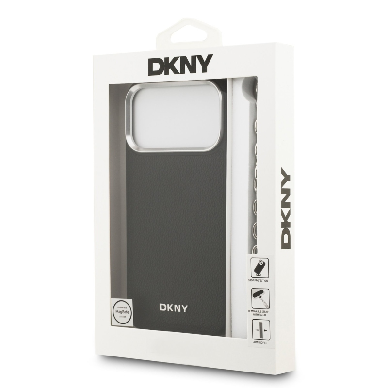 DKNY PU Leather Metal Logo Wrist Chain MagSafe Zadní Kryt pro iPhone 17 Pro Max Black