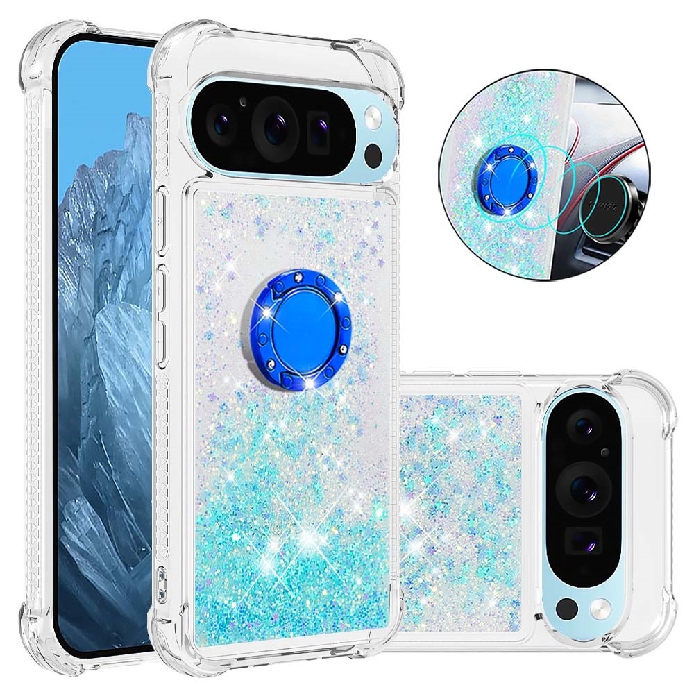 Glitt přesýpací gelový obal s kroužkem na prst na Google Pixel 10 - modrý/hvězdičky