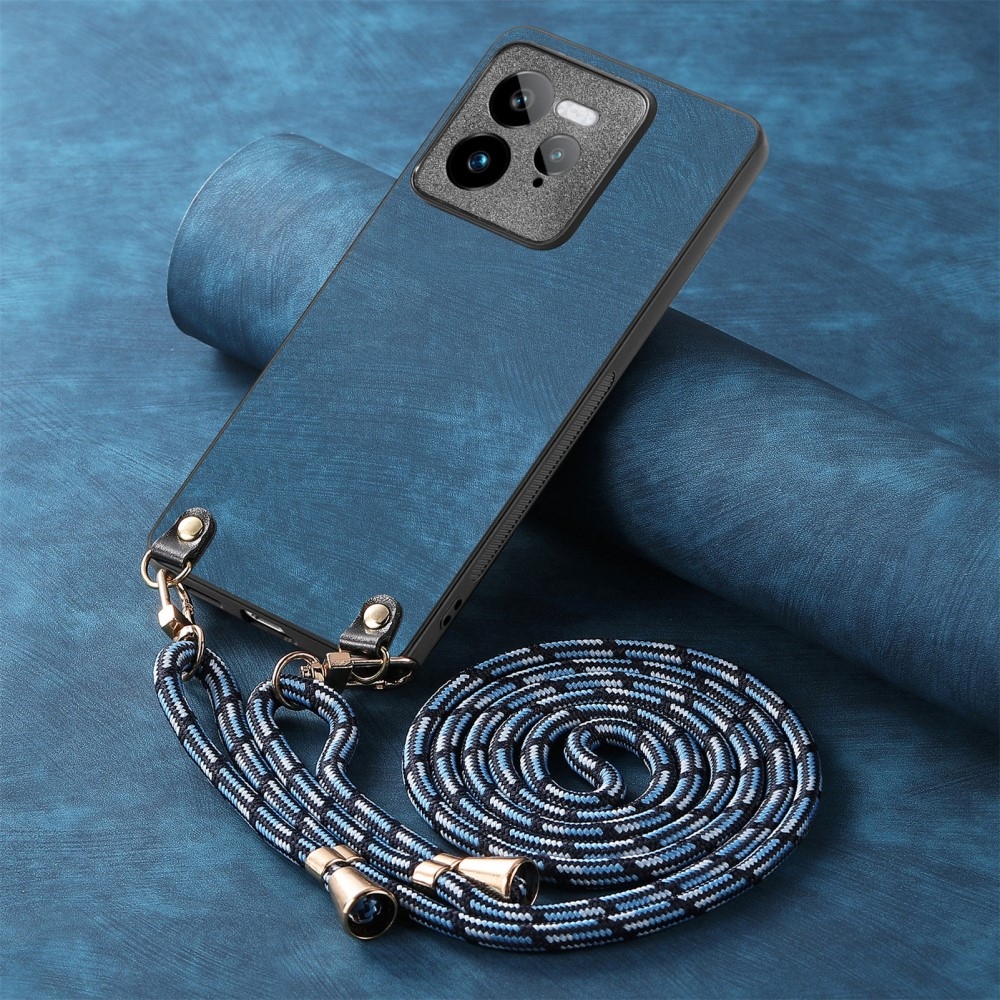 Retro gelový obal se šňůrkou a s umělou kůží na Realme GT 7 Pro 5G - modrý
