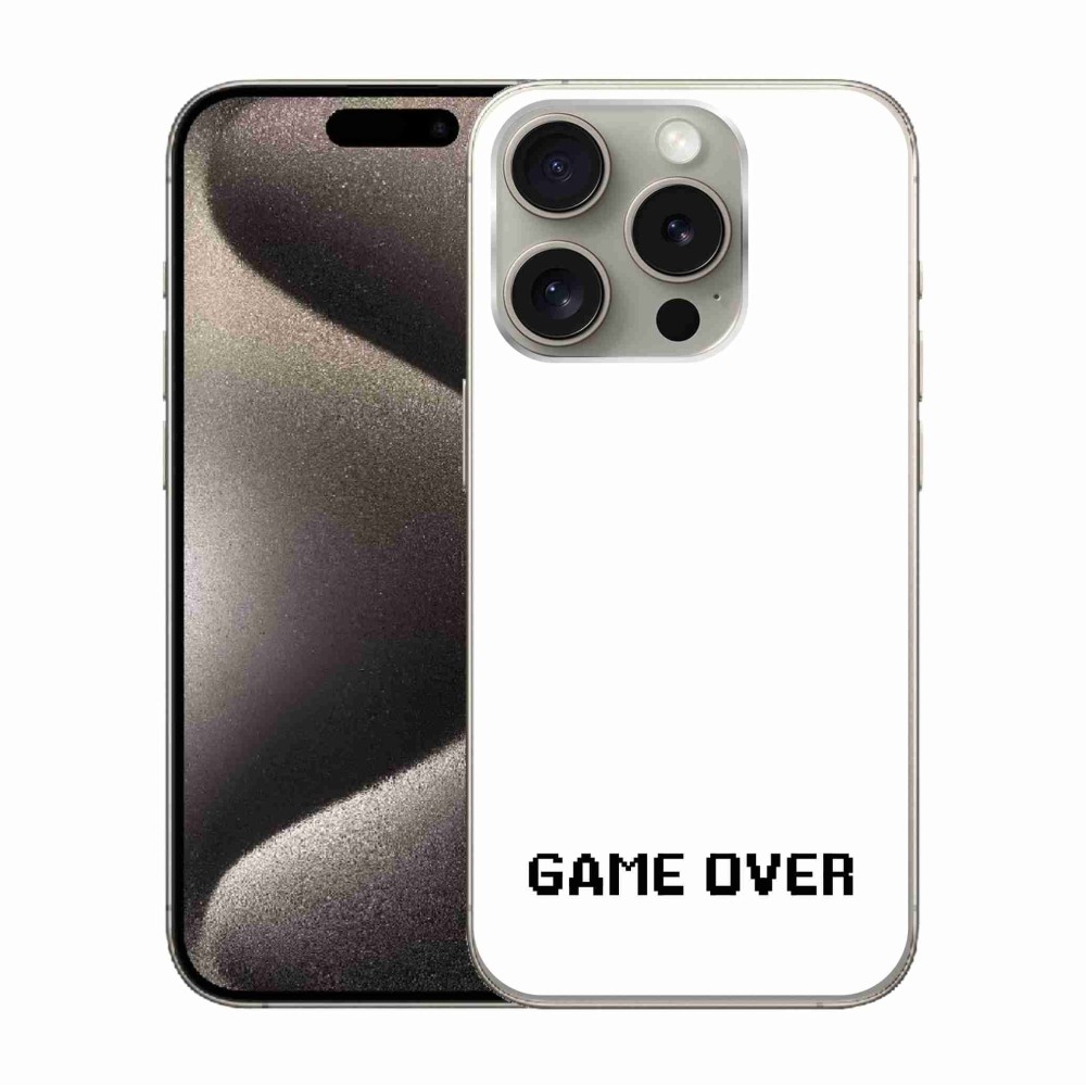 Gelový kryt mmCase na iPhone 15 Pro - game over bílé pozadí
