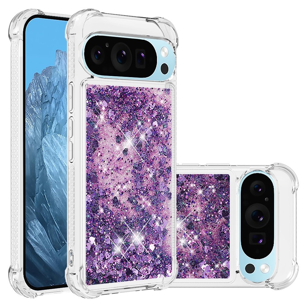 Glitter přesýpací gelový obal na Google Pixel 10 Pro/Pixel 10 - tmavěfialový/srdíčka