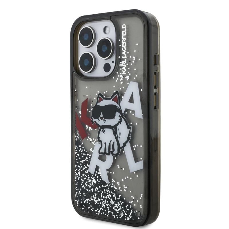 Karl Lagerfeld Liquid Glitter Scattered Choupette Zadní Kryt pro iPhone 16 Pro Black