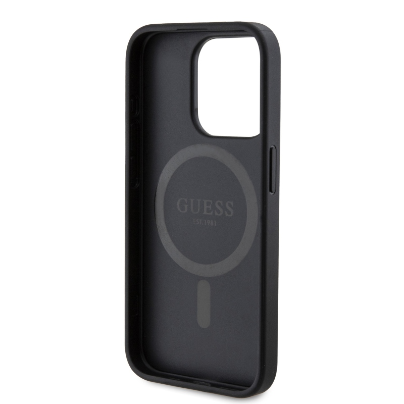 Guess PU Leather 4G Colored Ring MagSafe Zadní Kryt pro iPhone 15 Pro Black