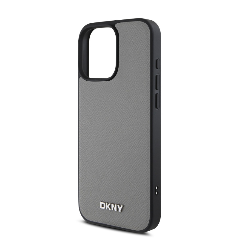 DKNY PU Leather Silver Metal Logo Magsafe Zadní Kryt pro iPhone 16 Pro Max Grey
