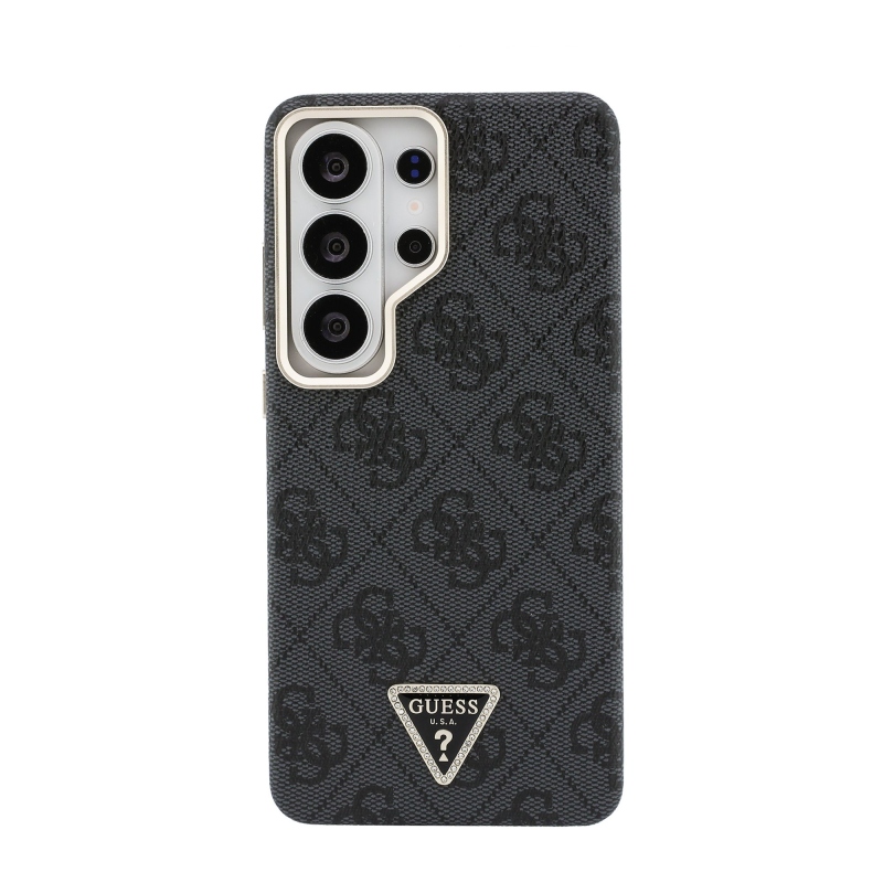 Guess PU Leather 4G Strass Triangle Logo Gold Frame Magnetic Zadní Kryt pro Samsung Galaxy S26 Ultra Black