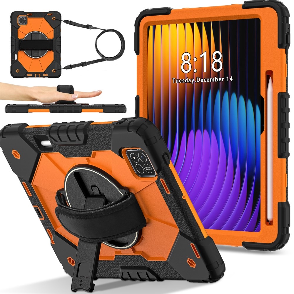 Strap odolný kryt s držákem na ruku a ramenním popruhem na Xiaomi Pad 7/7 Pro - černý/oranžový
