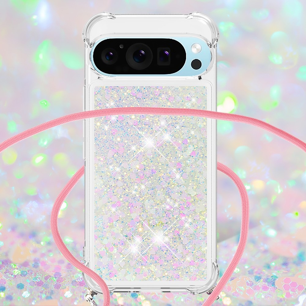 Glitters přesýpací gelový obal se šňůrkou na Google Pixel 10 Pro/Pixel 10 - růžovostříbrný/srdíčka