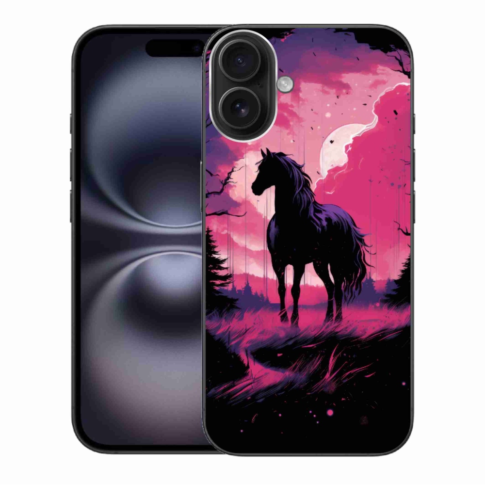 Gelový kryt mmCase na iPhone 16 Plus - černý kreslený kůň 1
