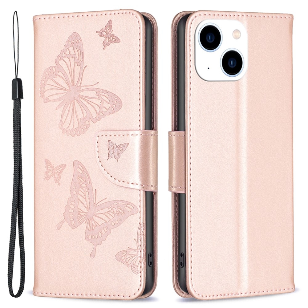 Butterfly knížkové pouzdro na iPhone 15 - růžovozlaté