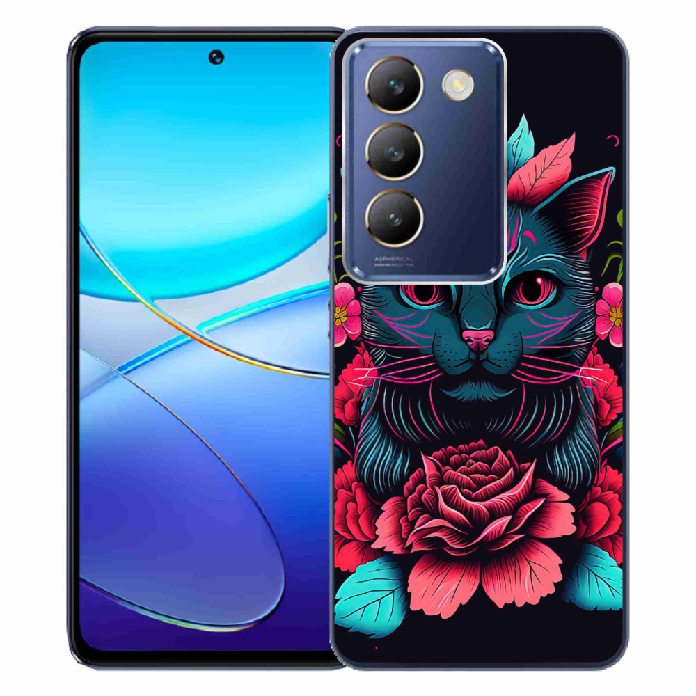 Gelový kryt mmCase na Vivo V40 SE 4G/5G - květiny a kočka