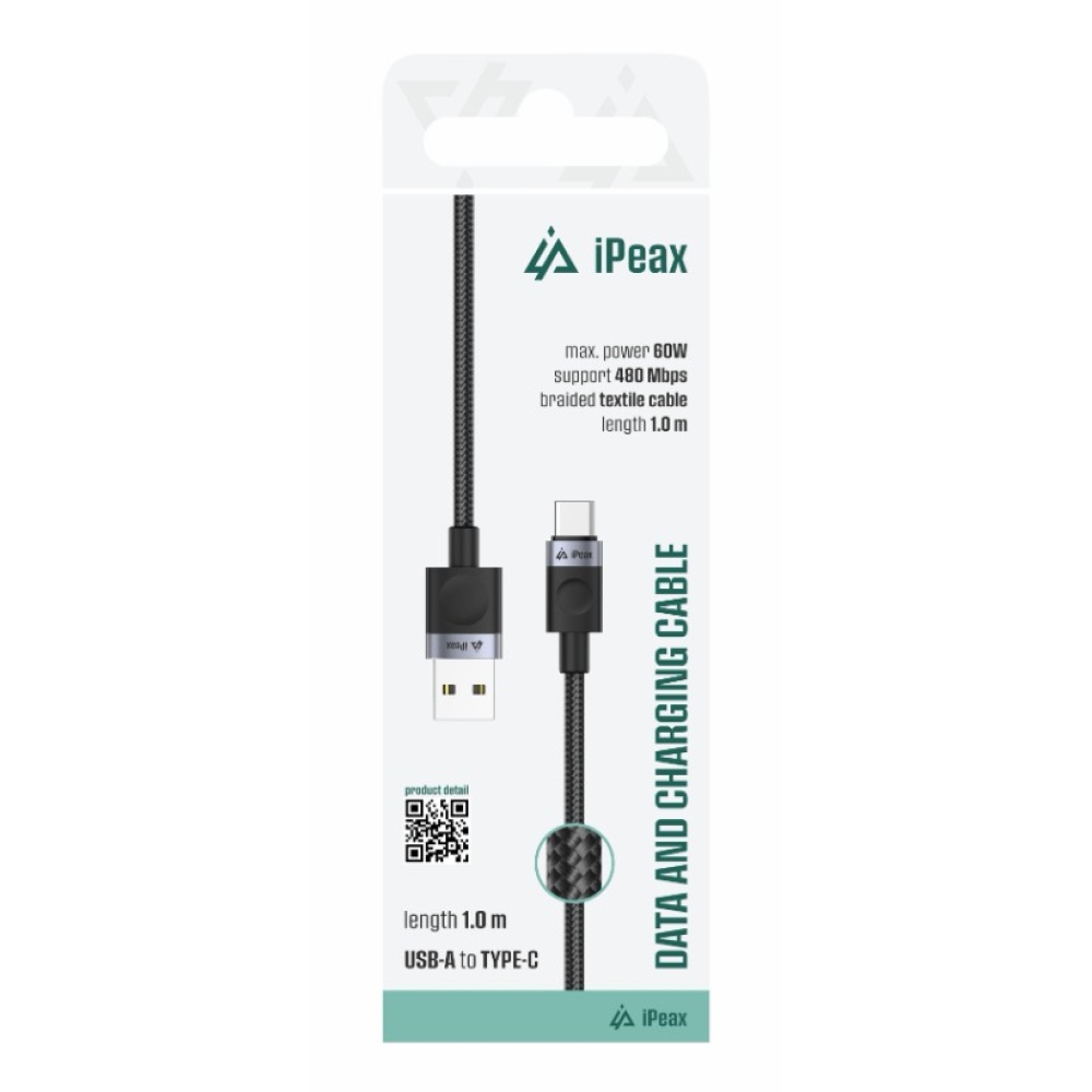 iPEAX textilní kabel USB-A / USB-C 1M, USB 2.0 - černý