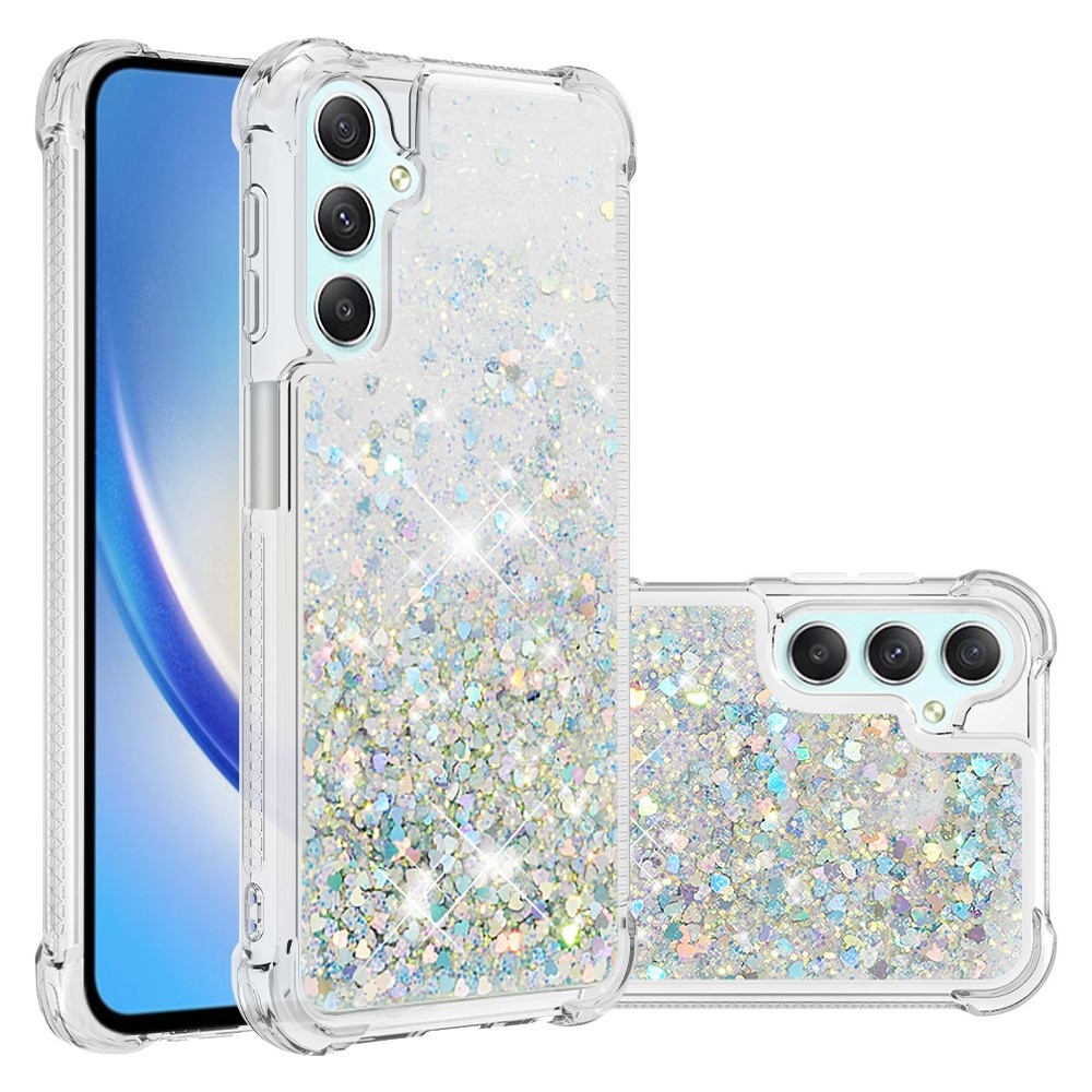 Glitter přesýpací gelový obal na Samsung Galaxy A24 - stříbrný/srdíčka	