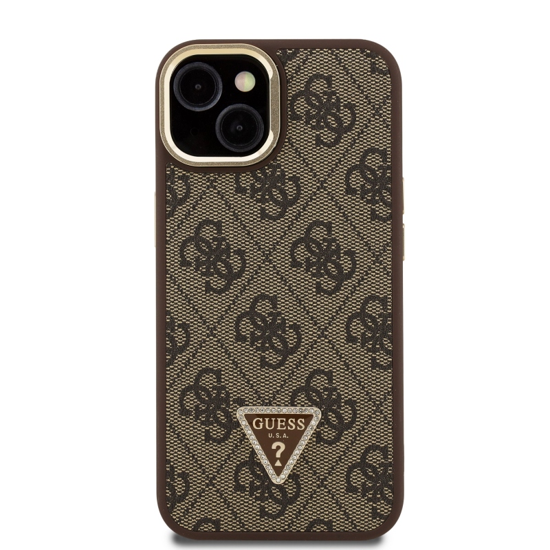 Guess PU 4G Strass Triangle Logo Stand Camera Frame MagSafe Zadní Kryt pro iPhone 14 Brown