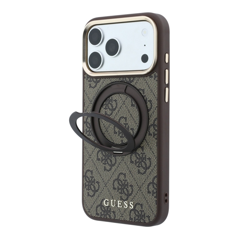 Guess PU 4G Ring Stand MagSafe Zadní Kryt pro iPhone 18 Pro Brown