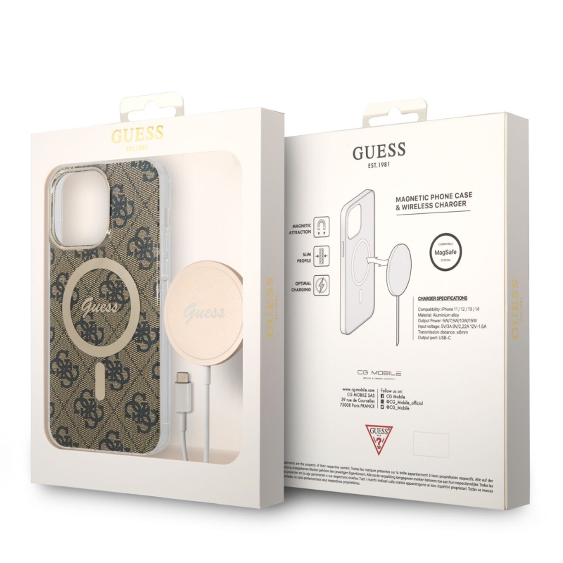Guess 4G MagSafe Kompatibilní Zadní Kryt + Bezdrátová Nabíječka pro iPhone 14 Pro Max Brown