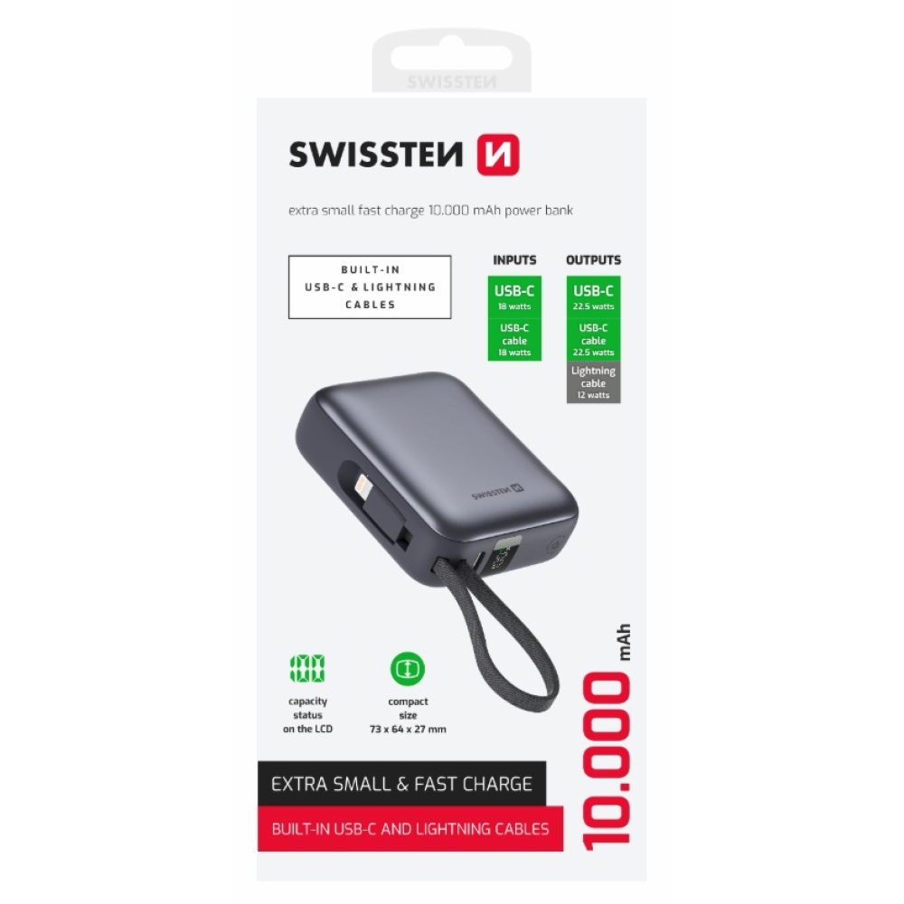 Powerbanka Swissten s integrovanými kabely USB-C a Lightning, 10000 mAh - stříbrná