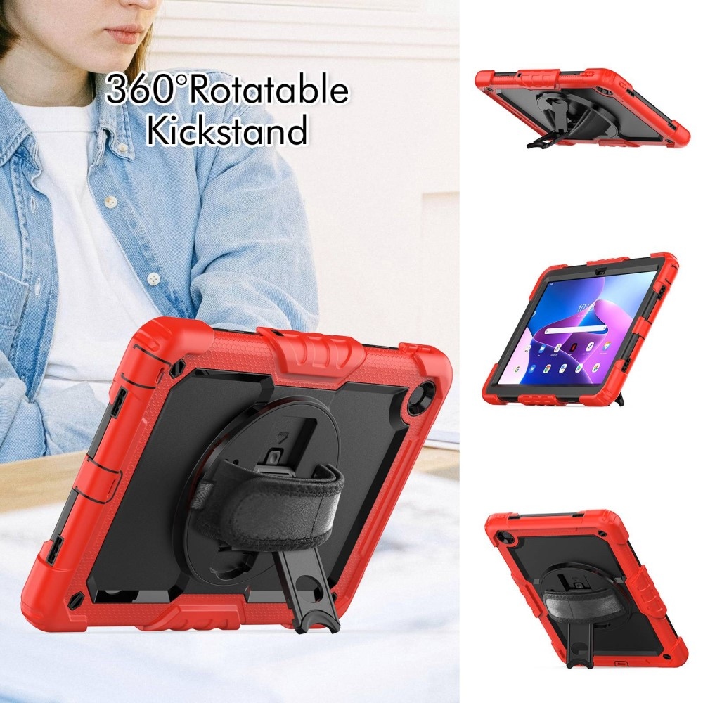 Hybridní pouzdro s držákem na ruku a ramenním popruhem na tablet Lenovo Tab M10 Plus (3. Gen) - červené