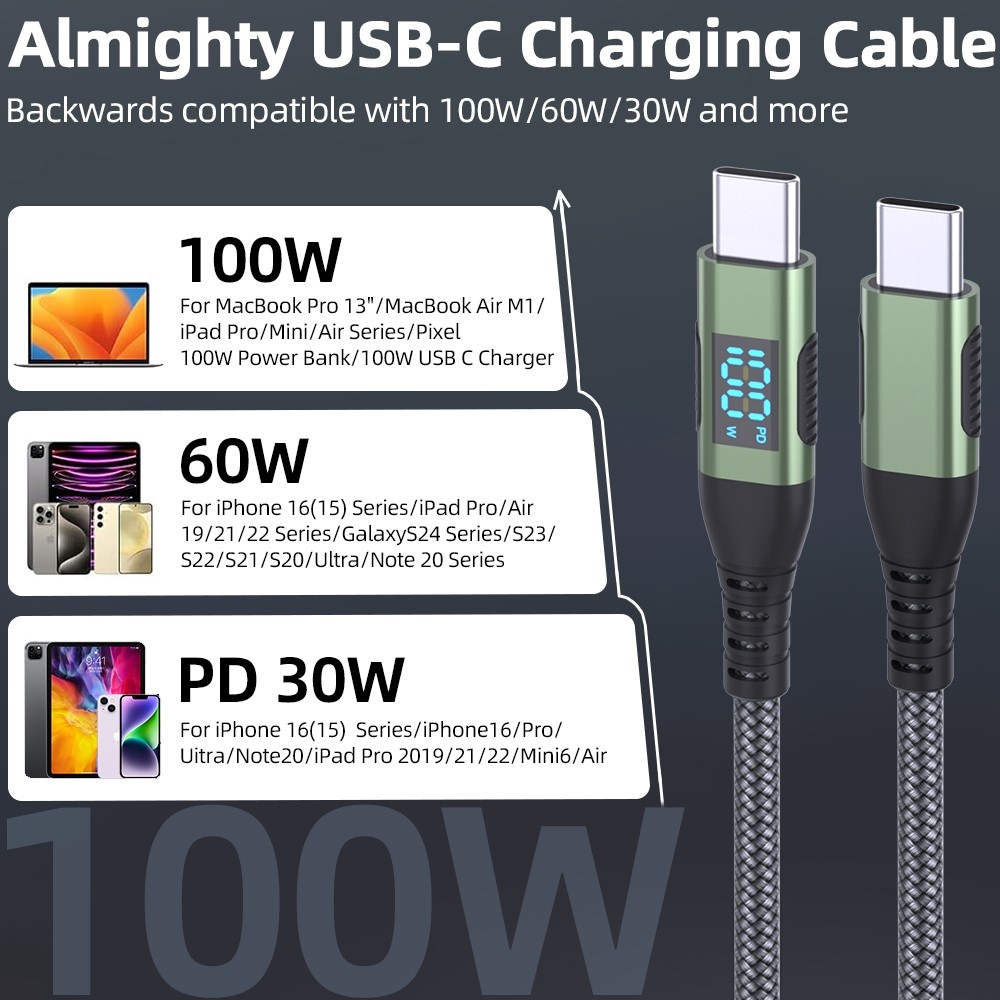 Nylonový kabel USB-C / USB-C s displejem 1m 100W - šedý