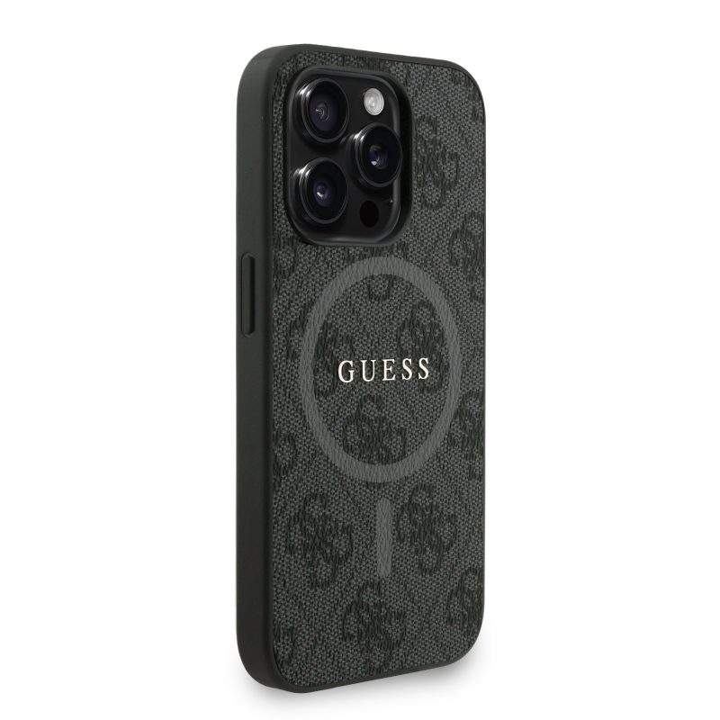 Guess PU Leather 4G Colored Ring Strap MagSafe Zadní Kryt pro iPhone 15 Pro Black