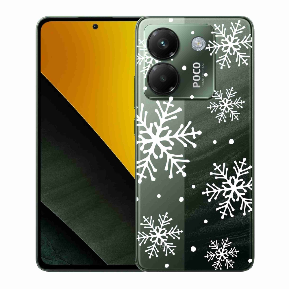 Gelový kryt mmCase na Xiaomi Poco M7 Pro 5G - bílé vločky na průhledném pozadí