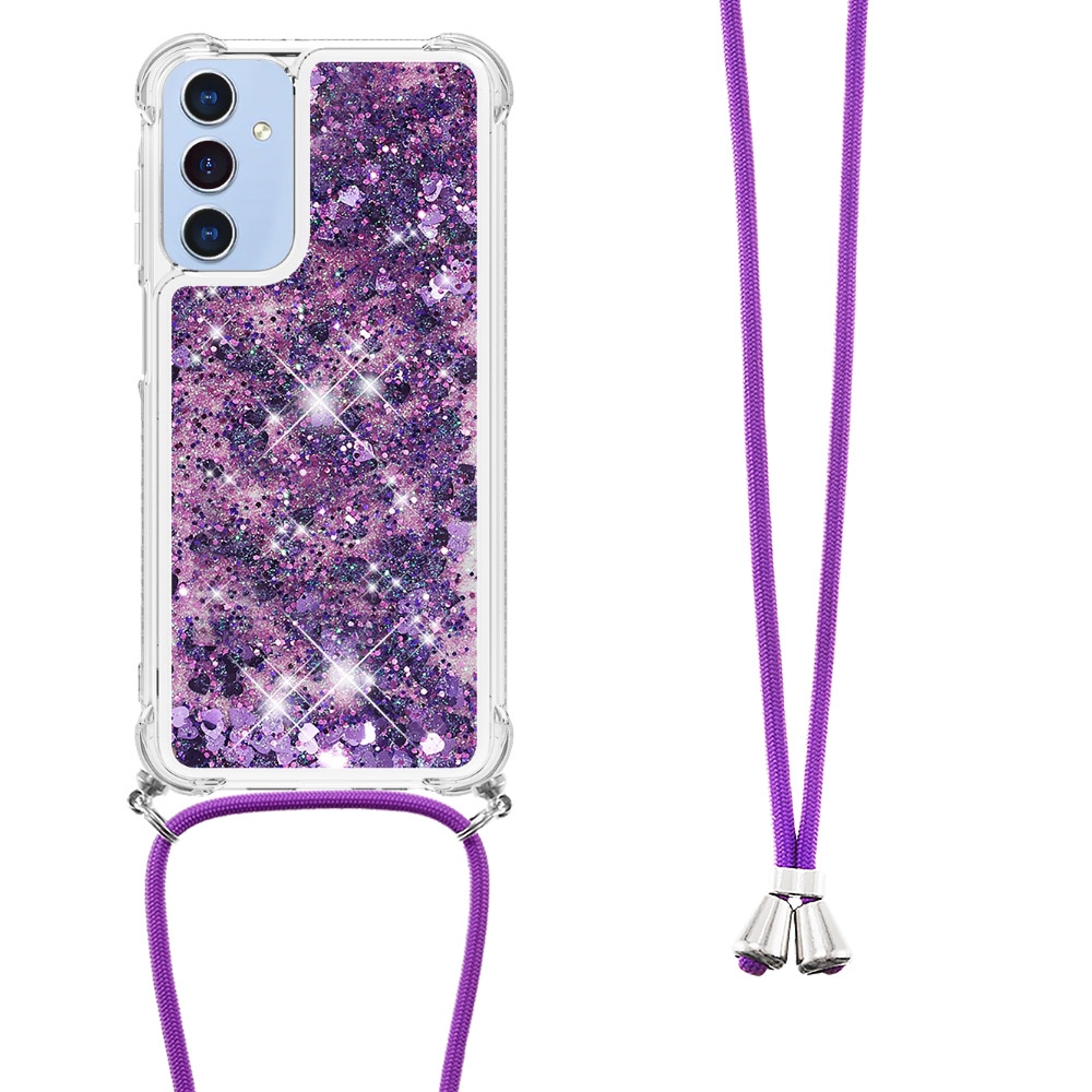 Glitters přesýpací gelový obal se šňůrkou na Samsung Galaxy A17 5G - tmavěfialový/srdíčka