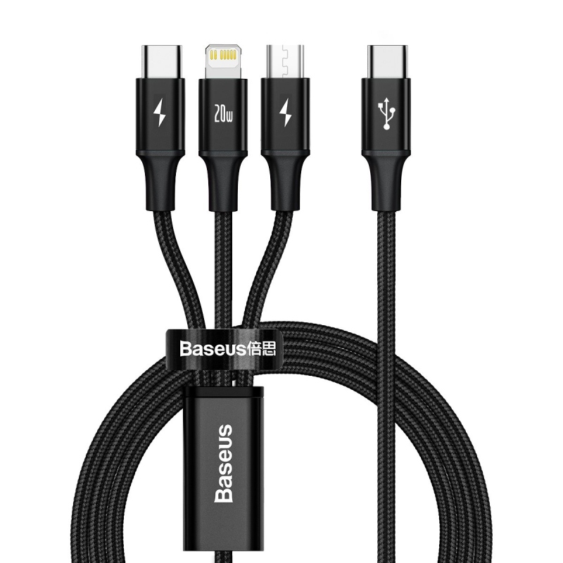 Baseus Rapid Series 3v1 Fast Charging Datový Kabel USB-C - USB-C/Lighting/MicroUSB 20W 1.5m Black