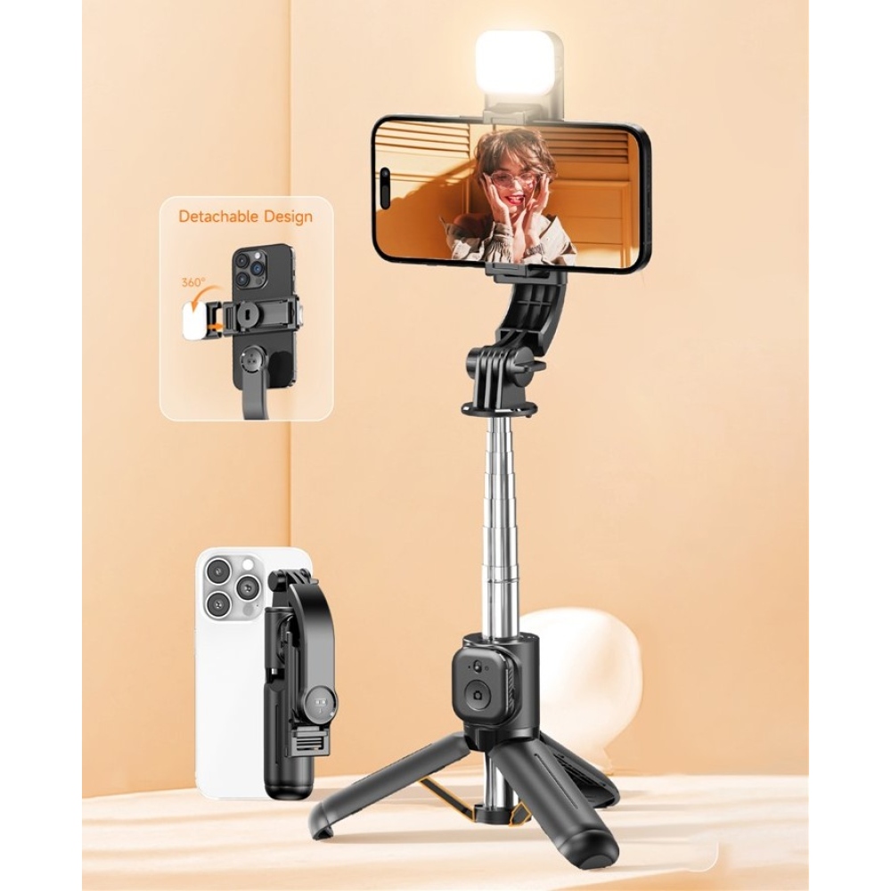 Q21S mini selfie tyč se stativem, LED světlem a Bluetooth