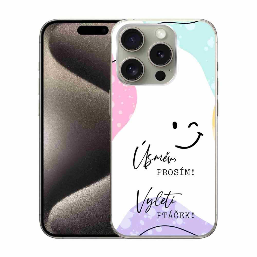 Gelový kryt mmCase na iPhone 15 Pro - vtipný text 4 bílé pozadí