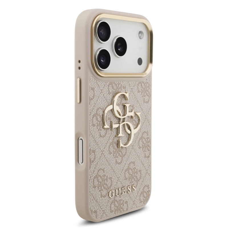 Guess PU Leather 4G Metal Logo Gold Frame Zadní Kryt pro iPhone 17 Pro Pink