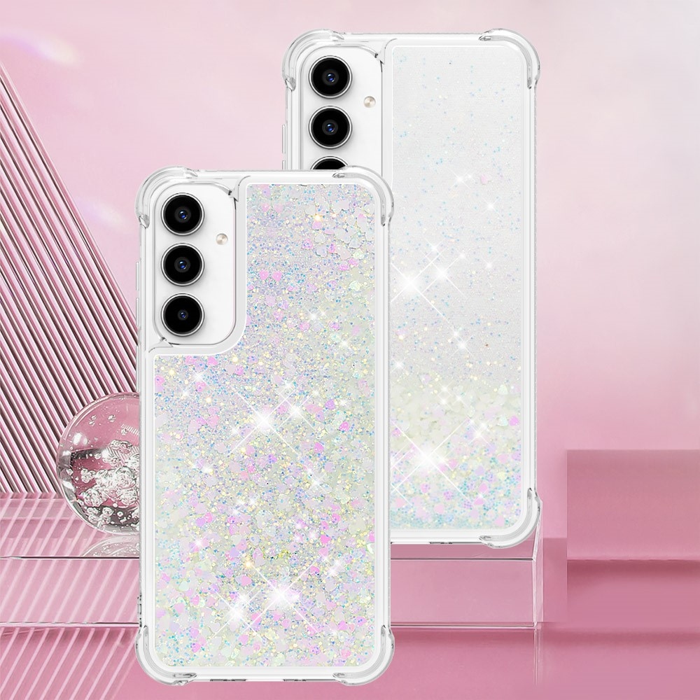 Glitter gelový přesýpací obal na Samsung Galaxy A55 5G - růžovostříbrný/srdíčka