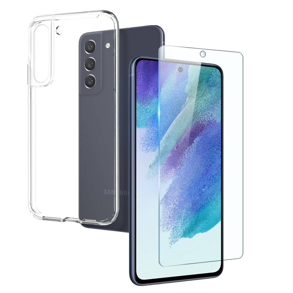 NORTHJO průhledný gelový obal + tvrzené sklo na Samsung Galaxy S21 FE - průhledný