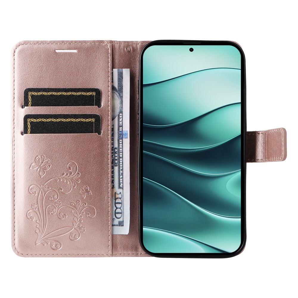 Big Butterfly knížkové pouzdro na Xiaomi Redmi Note 14 5G - růžovozlaté