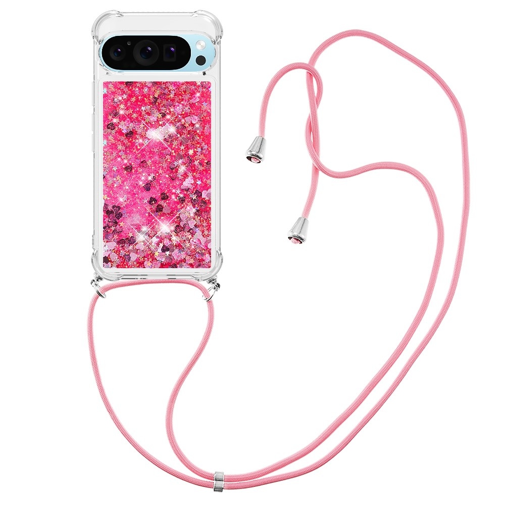 Glitters přesýpací gelový obal se šňůrkou na Google Pixel 10 Pro/Pixel 10 - růžový/srdíčka