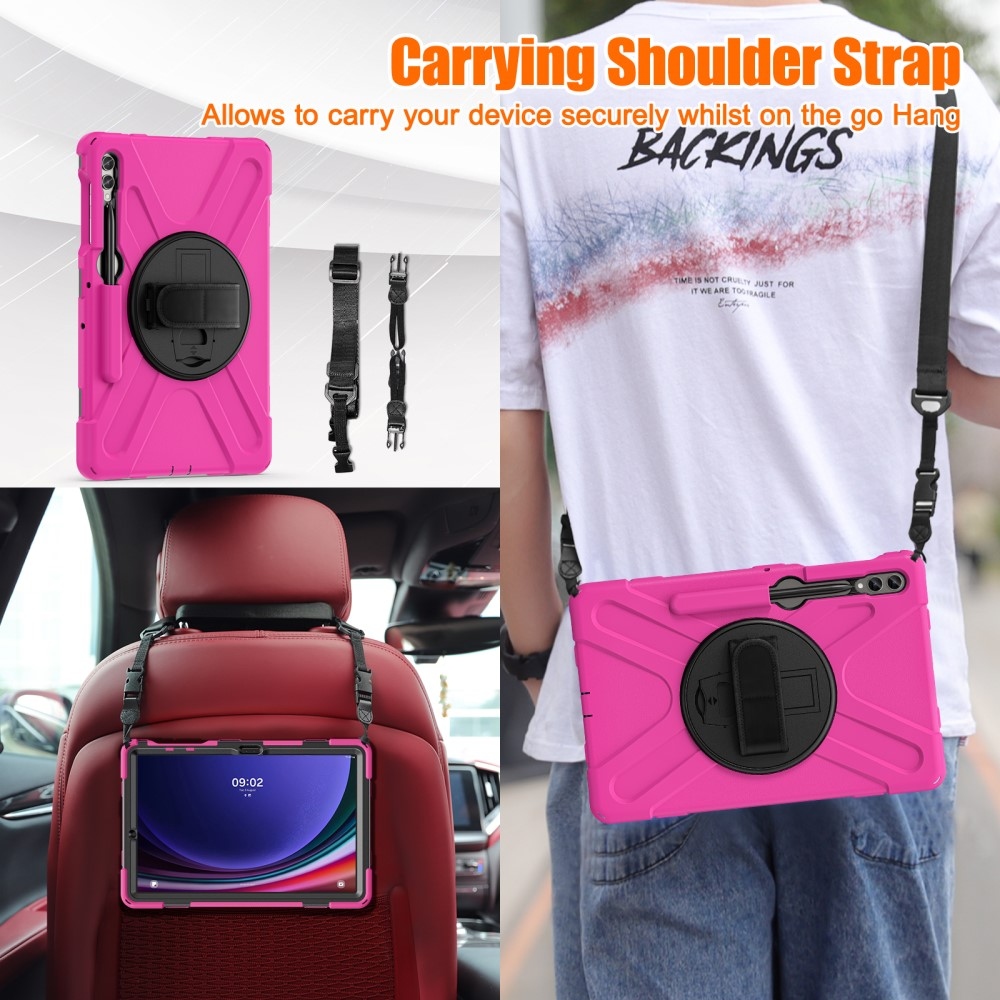 Strap odolný kryt s úchopem na ruku a popruhem na Samsung Galaxy Tab S10+/S9+/S9 FE+/S8+/S7+ - růžový