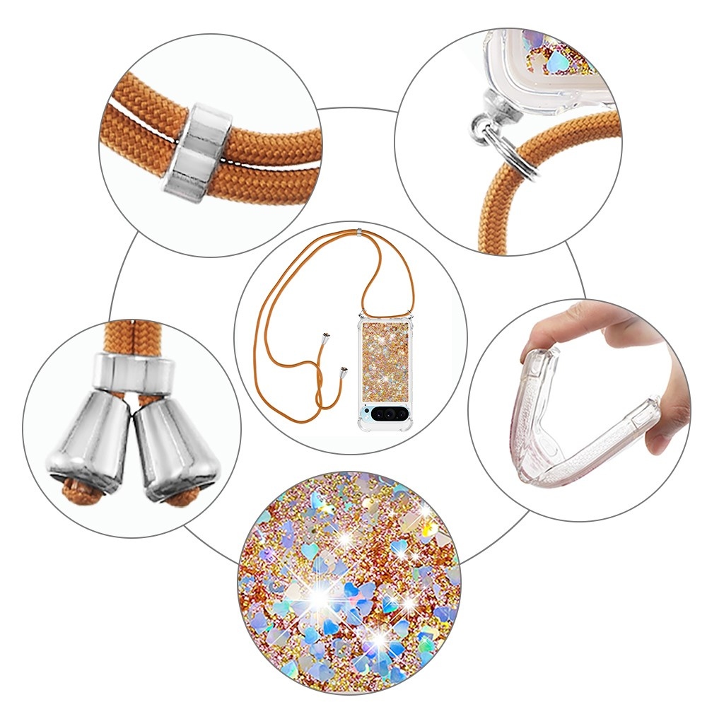 Glitters přesýpací gelový obal se šňůrkou na Google Pixel 10 Pro/Pixel 10 - zlatý/srdíčka
